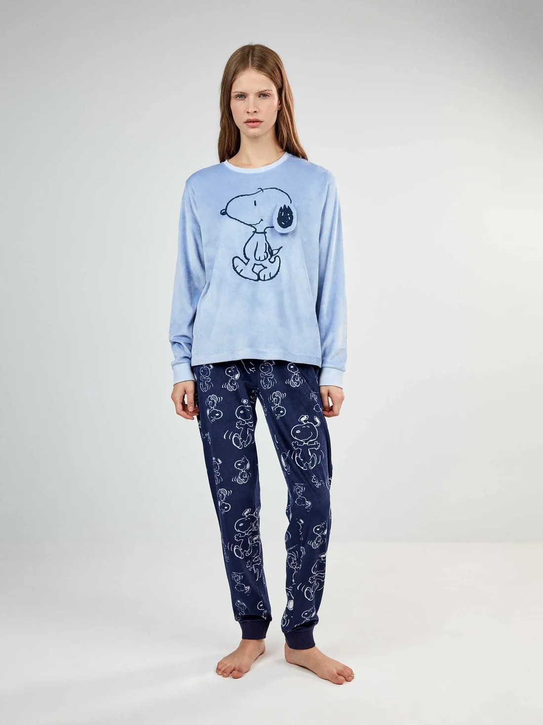 Pijama Largo de Snoopy con Pantalón Estampado a Contraste – Azul